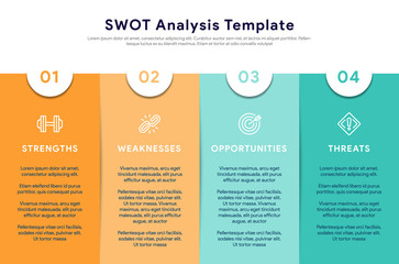 Four colorful elements with text placed inside table. Concept of SWOT-analysis template or strategic planning technique. Infographic design template. Vector illustration.