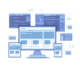 Frontend Development, Creating a site layout, template. Website UI UX interface on a monitor screen, tablet, phone, html css js programming code. Vector illustration on white background