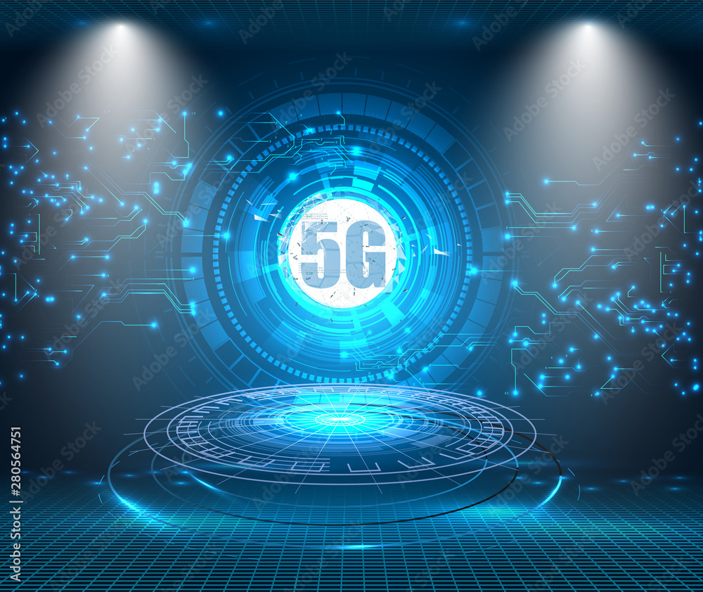Leinwandbilder 5G technology background. Digital data as digits connected each other and form symbol 5G on blue background.