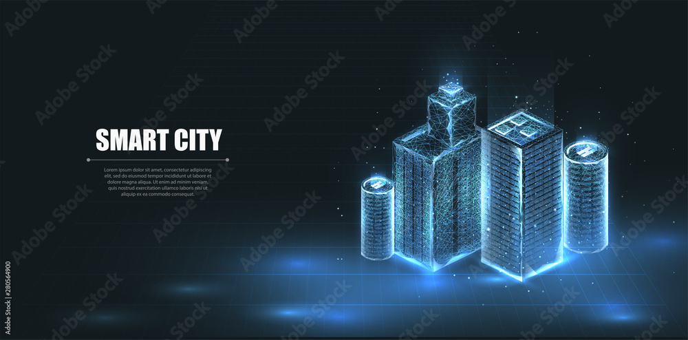 Leinwandbilder Low poly smart city 3D wire mesh. Intelligent building automation system business concept. Low poly wireframe mesh. Isolated on a dark blue background. Vector