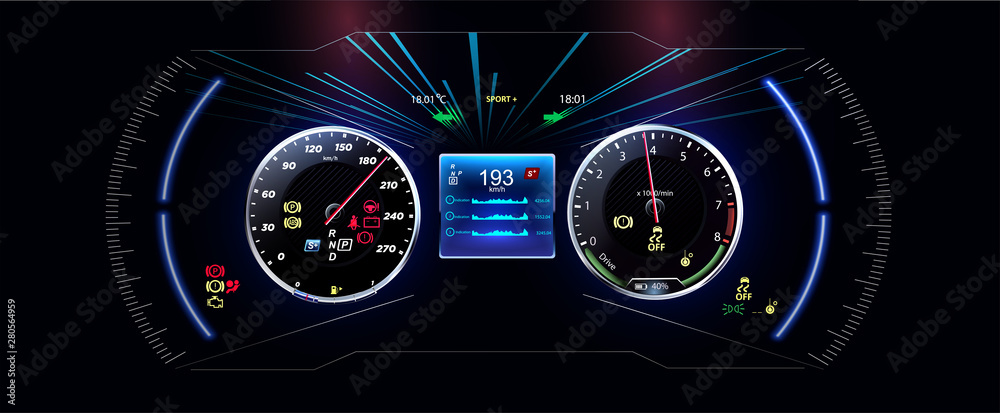 Leinwandbilder speed motion background with fast speedometer car. futuristic hud, gui interface screen design. sci-