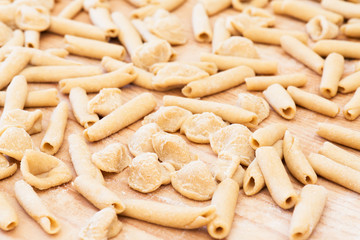 background of italian pasta called Orecchiette typical dish of Southern Italy, Puglia, Salento