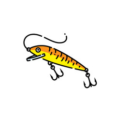 Fishing lure line icon. Orange imitation fish with hooks graphic symbol. Vector illustration.