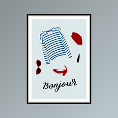 Poster with beret, striped longlsleeve shirt, lipstick, shoe and hand lettered word bonjour, good day in French. © Siberica