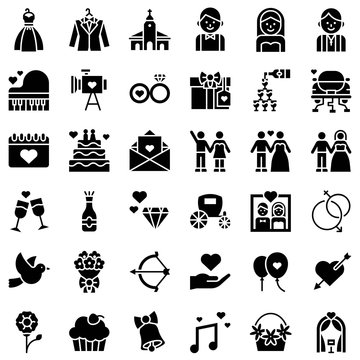 Wedding related vector illustration icon set, solid style