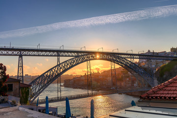 Beautiful view of Dom Luis Bridge I in Porto at sunset