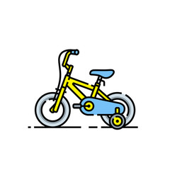 Fototapeta premium Kids bicycle line icon. Yellow children's bike symbol with safety wheels. Vector illustration.