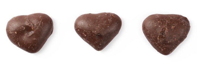 Gingerbread, honey cakes in heart shape isolated on white background, top view