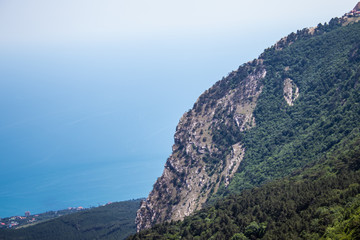 Black Sea view from Ai-Petri mountain. Light sunny summer day, Crimea, Russia.