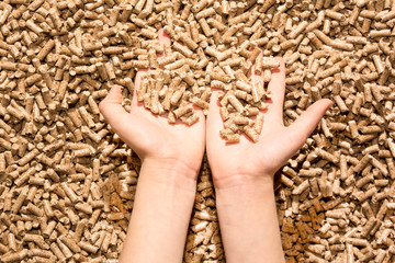 children`s hand with natural wood pellet