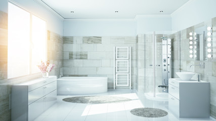 Fototapeta na wymiar Helles modernes Bad mit Fliesen aus Terrakotta