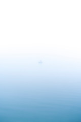 Naklejka premium Angler in morning mist standing in a boat