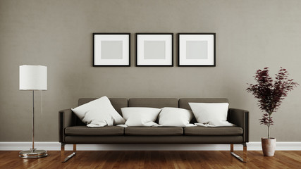 Wand mit drei Bilderrahmen im Wohnzimmer - obrazy, fototapety, plakaty