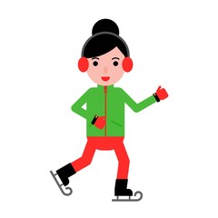 girl playing ice skate flat design winter character and activity