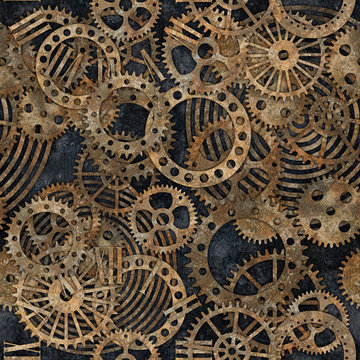 Steampunk gear collection with rust texture seamless pattern