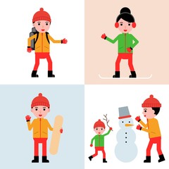 winter character with ski and snowman, winter sport activity flat design