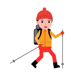 man or boy trekking in winter season, winter character flat style