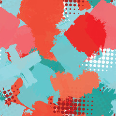 Seamless abstract grunge texture. Repetitive pattern for printing on fabric, wrapping paper. Chaotic background of spots turquoise, red, orange.