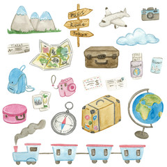 Large watercolor travel set with different types of transport, tickets, passports, globe and other cute items on white background.