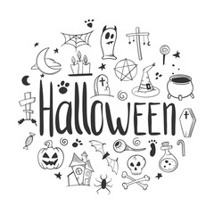 Halloween set. Pumpkin and cauldron. Vector concept in doodle and sketch style.