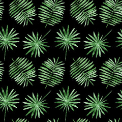 Green palm leaves, tropical watercolor painting - hand drawn seamless pattern on black