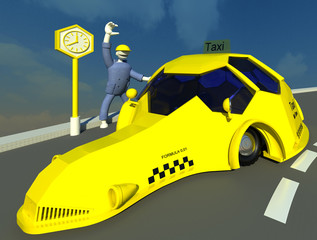 Waiting for a taxi 3D illustration 2. A character stopping turtle like yellow cab on the road. Perspective, sky background. Collection.