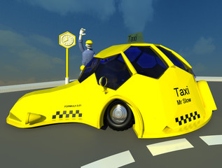 Waiting for a taxi 3D illustration 1. A character stopping turtle like yellow cab on the road. Perspective, sky background. Collection.