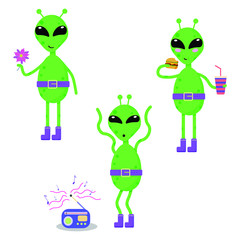 Vector illustration. Cute, cartoon, bright set with aliens. White background. 
