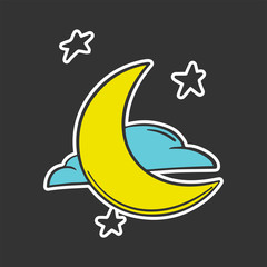 Moon with clouds and stars. Vector concept in doodle and sketch style.