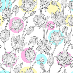 Wate lily with colorful splash hand draw vector seamless pattern. Outline art of lotus flowers and leaves repeater background with bright colors spots on white background