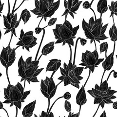 Water lily hand draw outline art seamless vector pattern in black and white. Hand draw illustration of lotus repeater background. - obrazy, fototapety, plakaty
