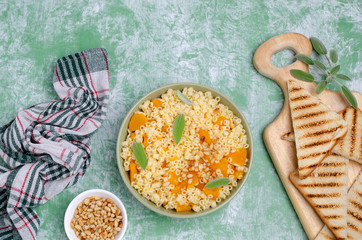 Traditional pasta with pumpkin slices