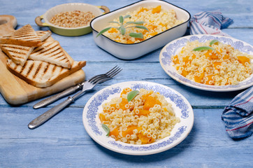 Traditional pasta with pumpkin slices