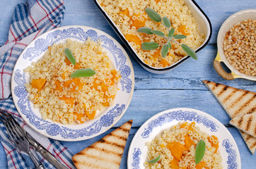 Traditional pasta with pumpkin slices