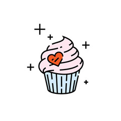 Heart cupcake line icon. Valentines cake symbol. love sweet food sign. Vector illustration.