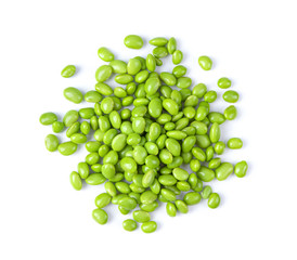 Green soy beans isolated on white background top view.