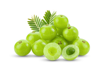 Indian gooseberry with leaf isolated on white background. full depth of field