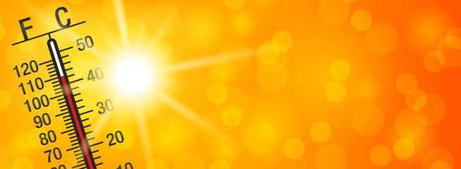 Sommer Sonne Hitze Bokeh Hintergrund mit Thermometer - obrazy, fototapety, plakaty