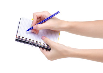 Notepad diary and pen in hand on white background isolation