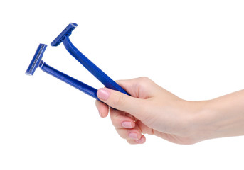 Razor in hand beauty body care on white background isolation