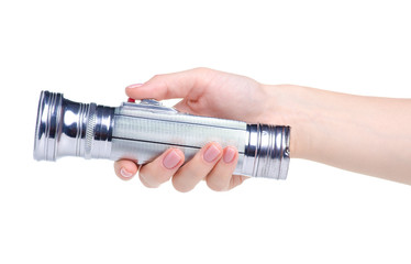 flashlight in hand on white background isolation