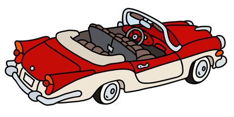 Naklejka premium The vectorized hand drawing of a funny old red and white american convertible