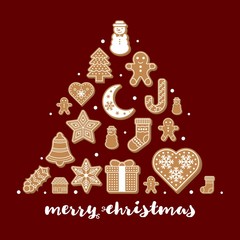 gingerbread cookies arrange as shape for use as poster or background for merry christmas theme editable outline