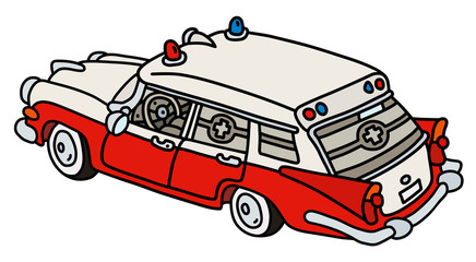 The vectorized hand drawing of a funny old red and white ambulance