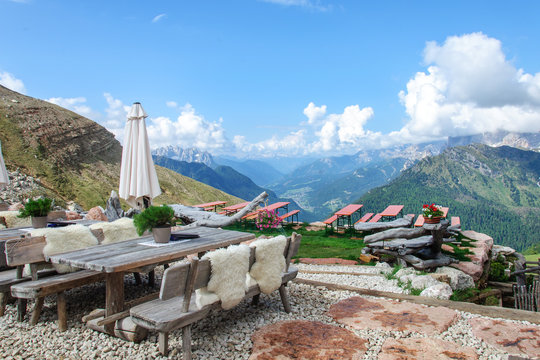table in a cozy cafe in the Dolomite Alps. Italy