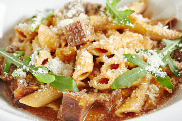 Homemade Italian Penne Pasta with Beef Cheeks Sauce
