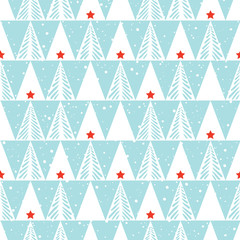 Hand drawn abstract Christmas trees, snow, triangles vector seamless pattern background. Winter Holiday Scandinavian