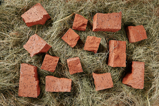 Old rustic background with dry straw and broken bricks