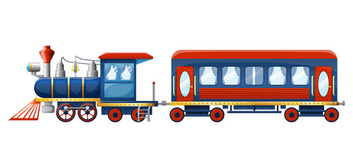 Train composition from cute cartoon colored retro steam locomotive and passenger rail car isolated on white background. Vector illustration.