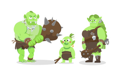 Ork ogre troll family cartoon flat style set